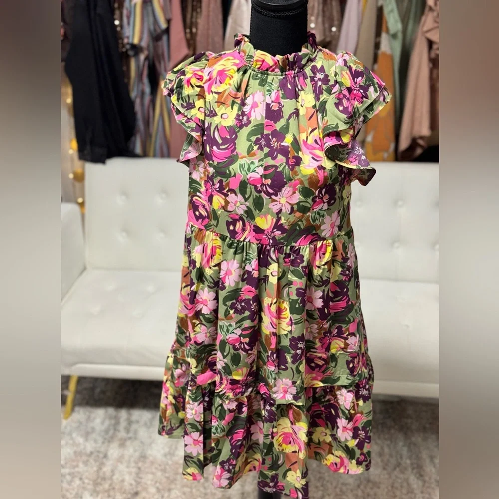 Floral Ruffle Sleeve Babydoll Dress Pink Green Mini - Picture 5 of 6
